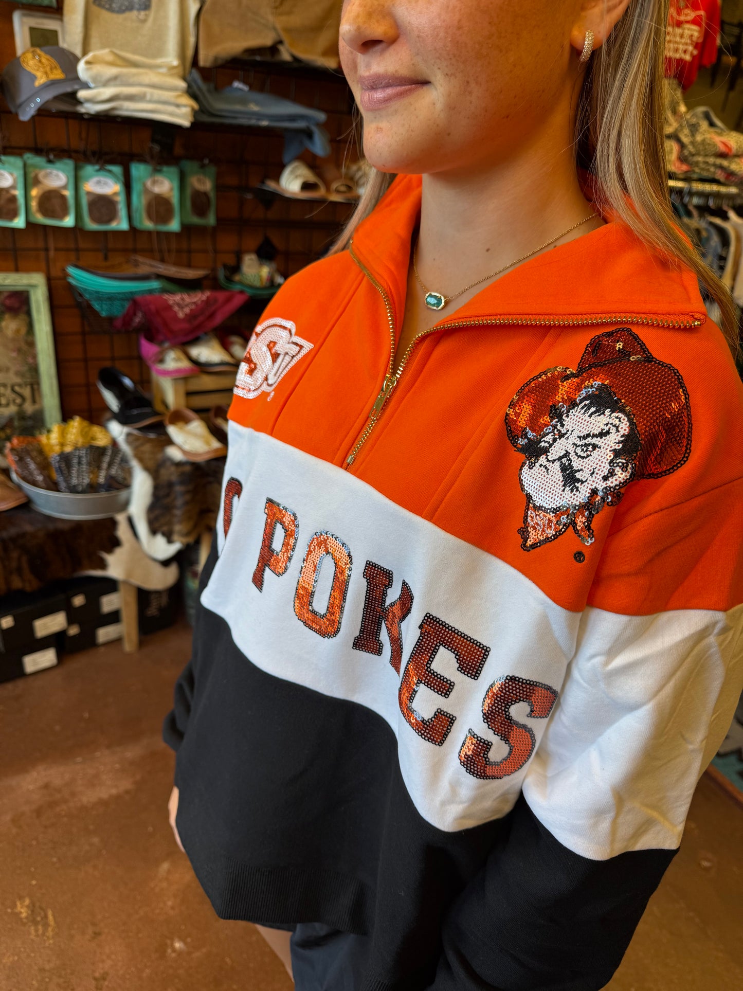 Queen Of Sparkles ✨Licensed OK State Quarter Zip
Colorblock Sweatshirt