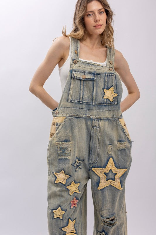 Star And Peace Patchwork Denim Bib Overalls