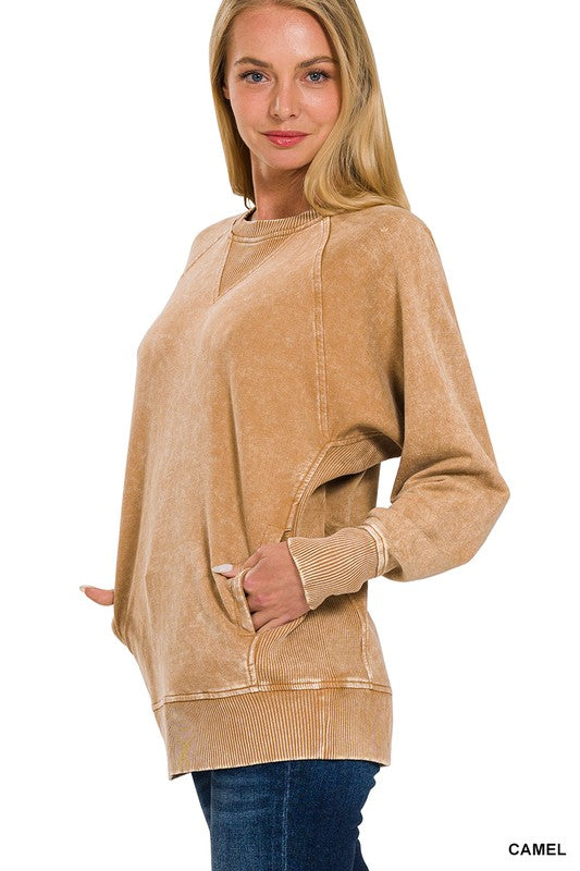 Acid Washed French Terry Pullover With Pockets
