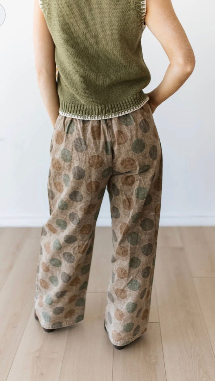 VINTAGE OLIVE POLKA DOT WIDE LEGGED BARREL PANT