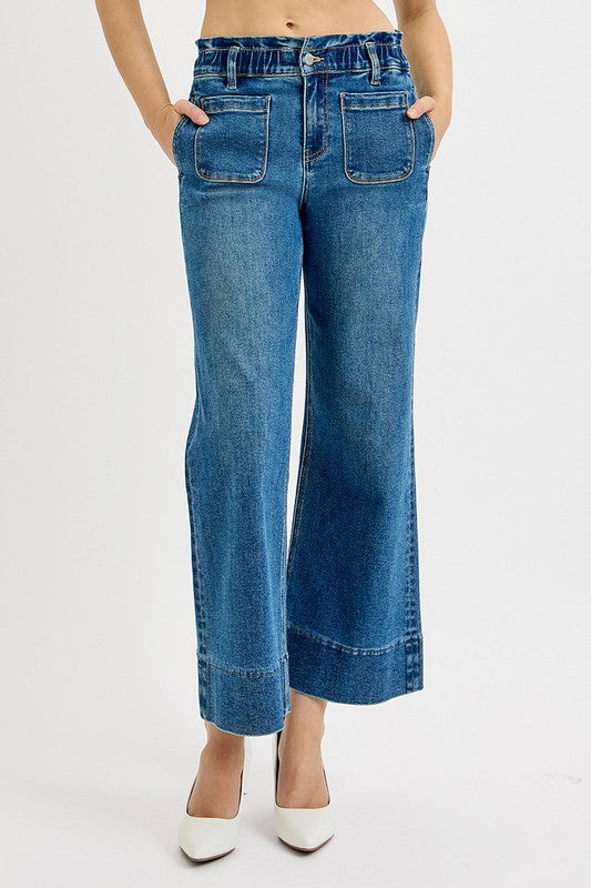 Elastic Band High Rise Crop Wide Leg Ruffle Band