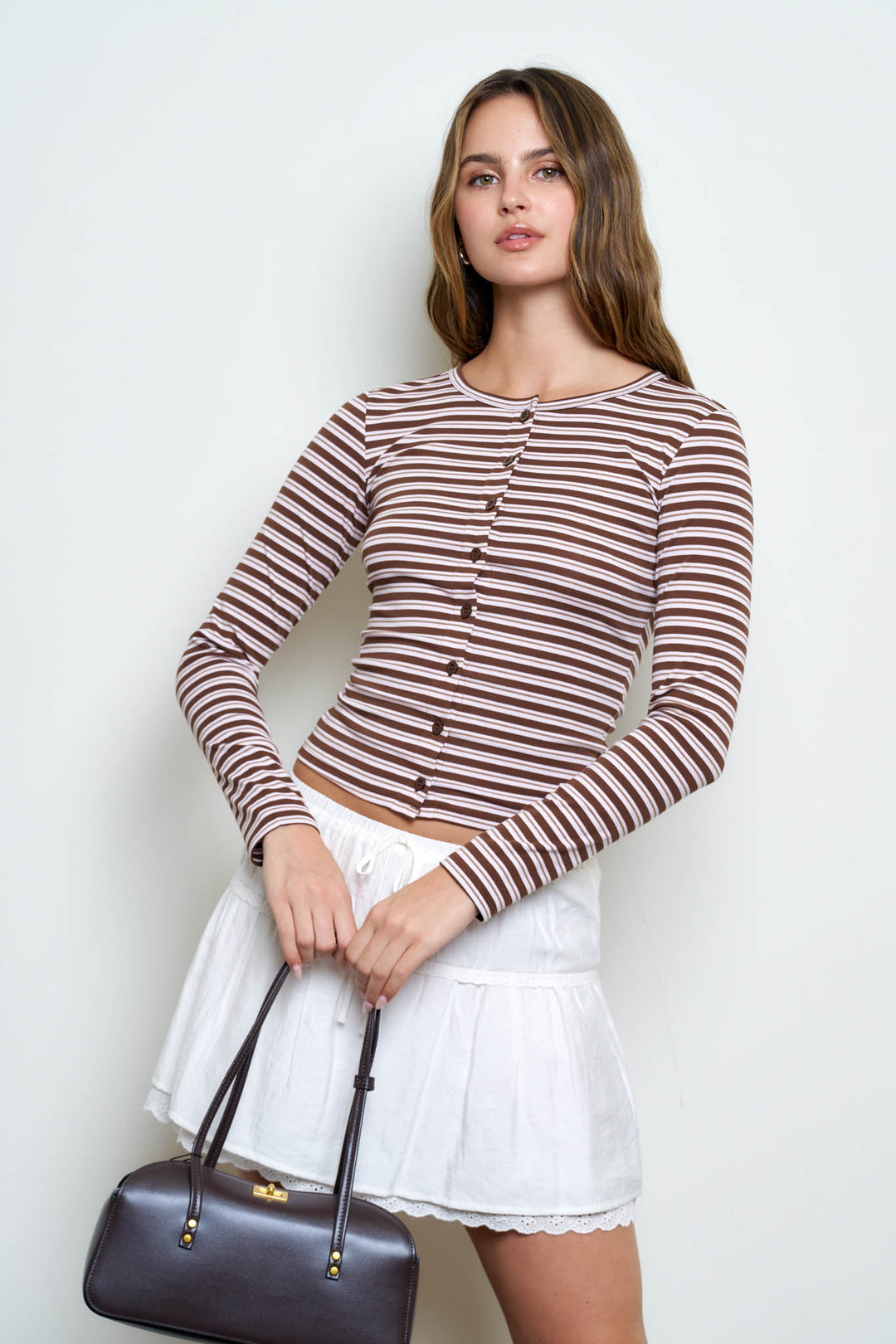BUTTON DOWN CREW NECK STRIPED LONG SLEEVE KNIT TOP