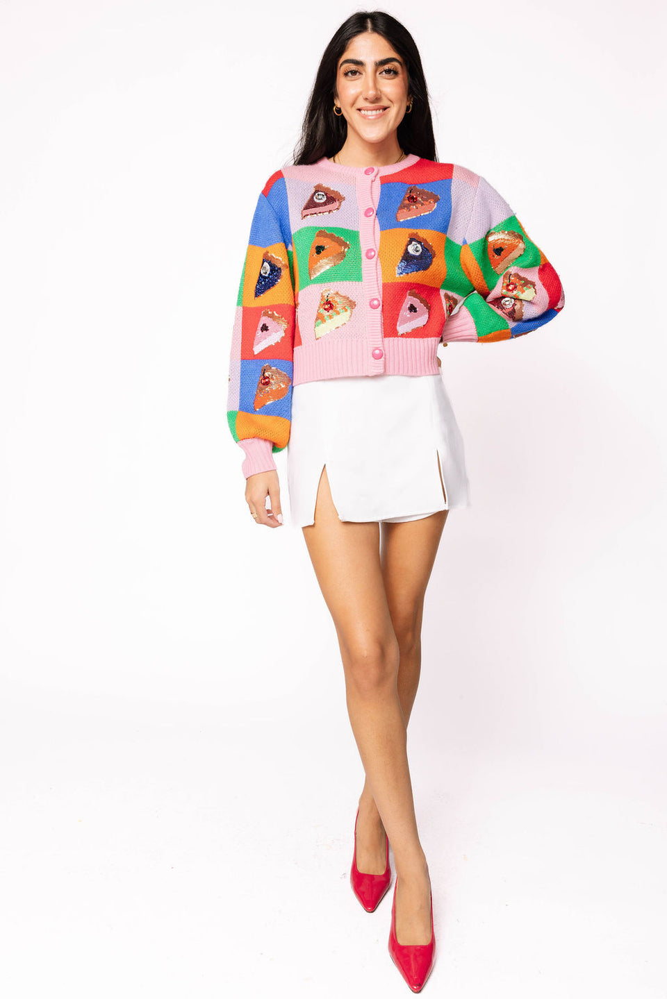 Queen Of Sparkles Rainbow Colorblock Piece of Pie Button Up Sweater