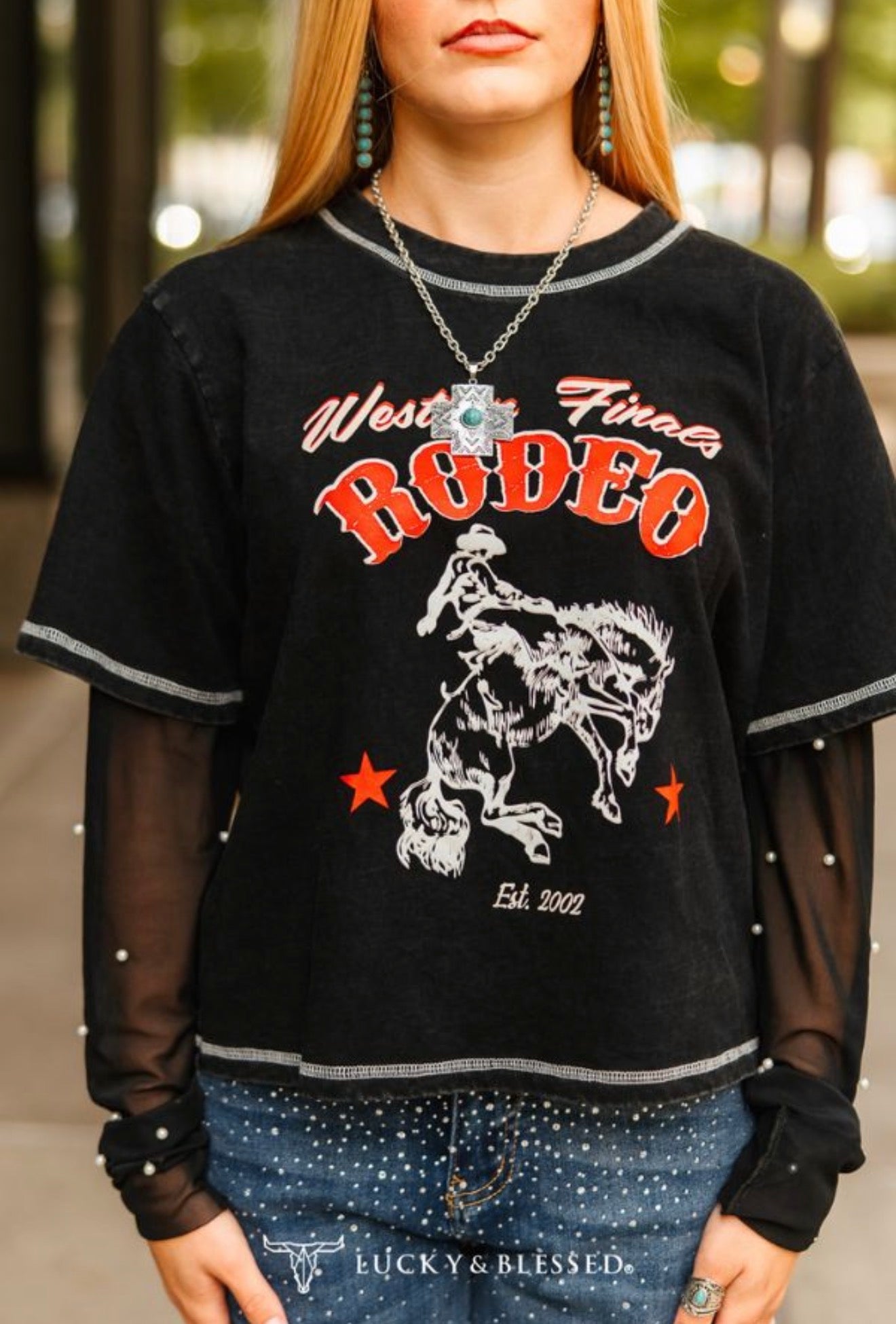 BLACK RODEO PRINTED CONTRAST STITCHING LONG SLEEVE
PEARL MESH LAYERED SHIRT