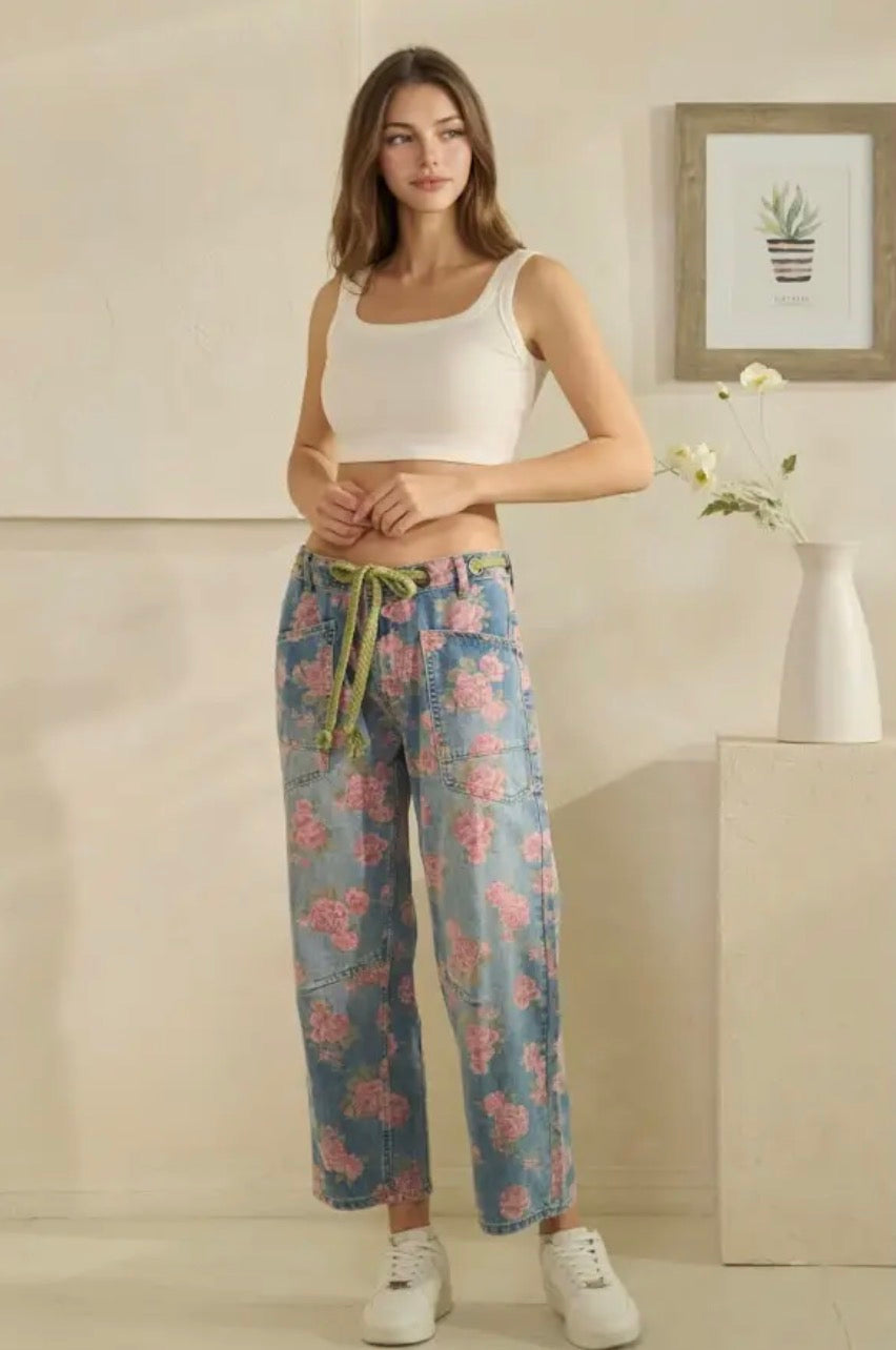 Washed Fiona Floral Print Barrel Jeans