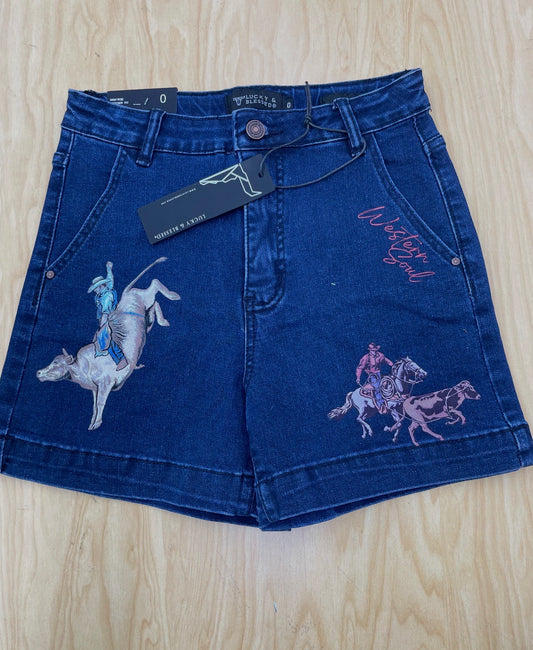 DARK WASH RODEO PRINTED STRETCH DENIM SHORTS