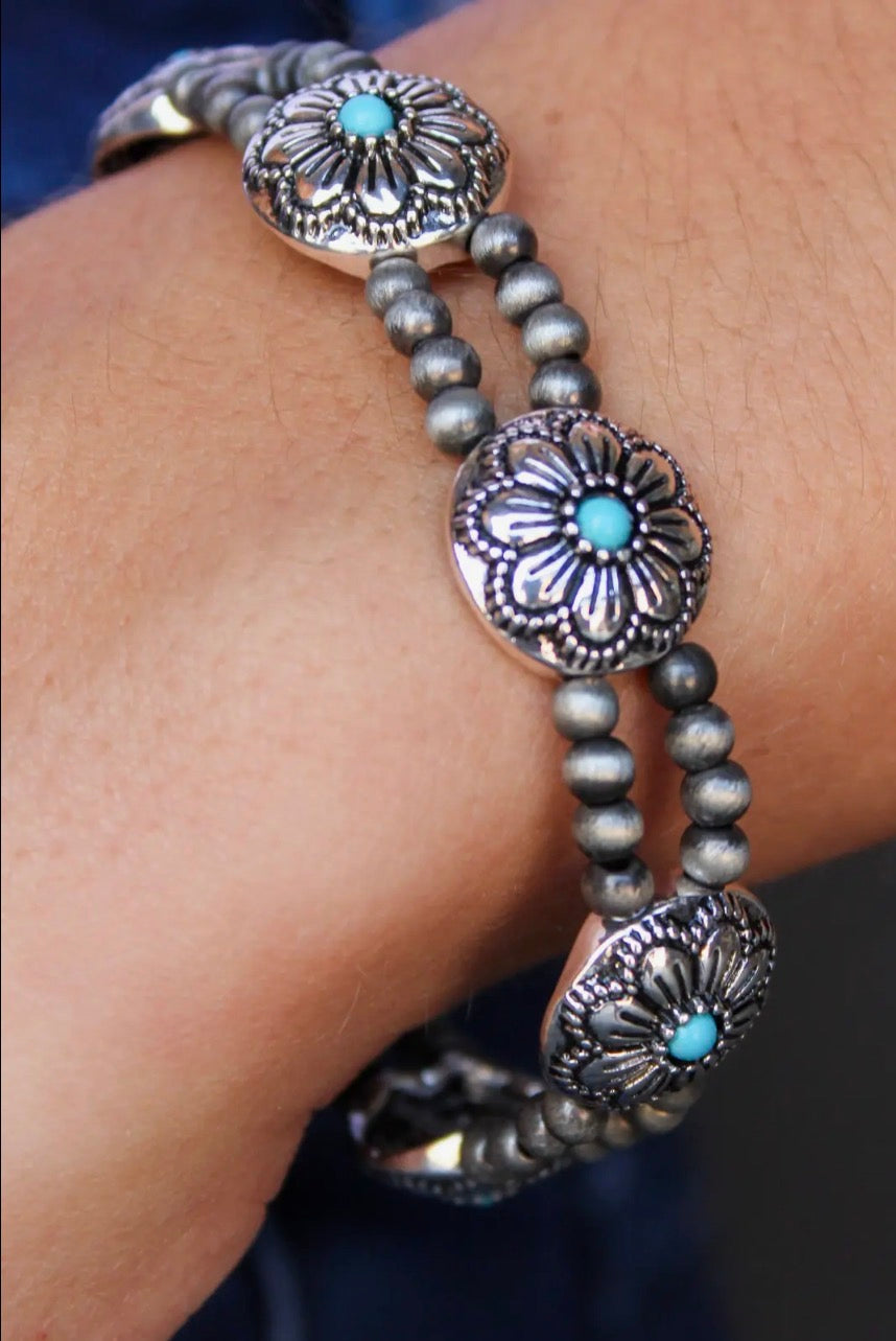 Burnished Silver Flower Concho Bracelet