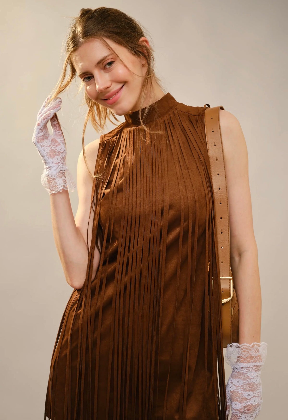 Mock Neck Suede Fringe Mini Dress