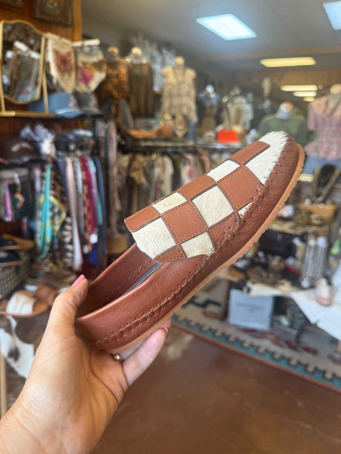 Hair On Hide Checkered Western Loafers / Moccasins