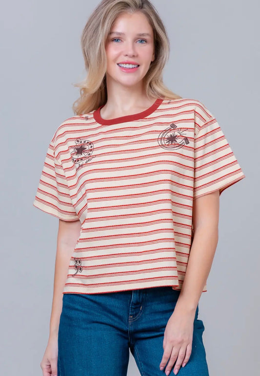 Short Sleeve Striped
Horseshoe Print Embroidery