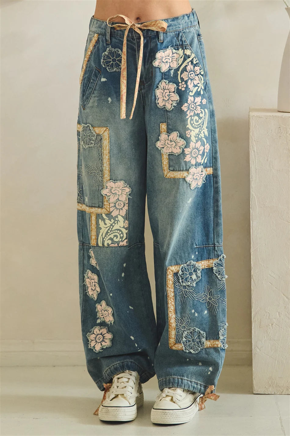 WASHED BLOCK PATCHED DENIM PANTS