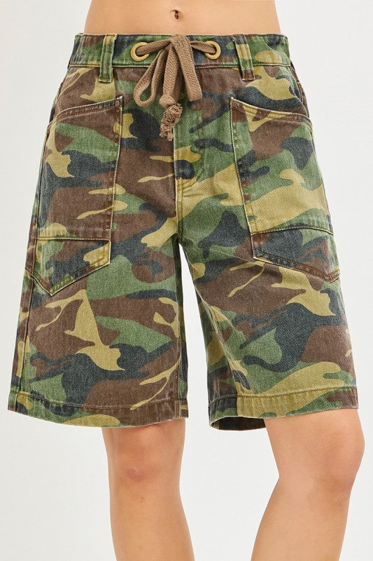 Slouchy Jorts In Camo Print And Eyelet Waistband