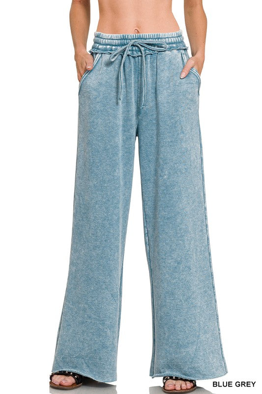 Acid Wash Fleece Palazzo Sweatpants With Pockets