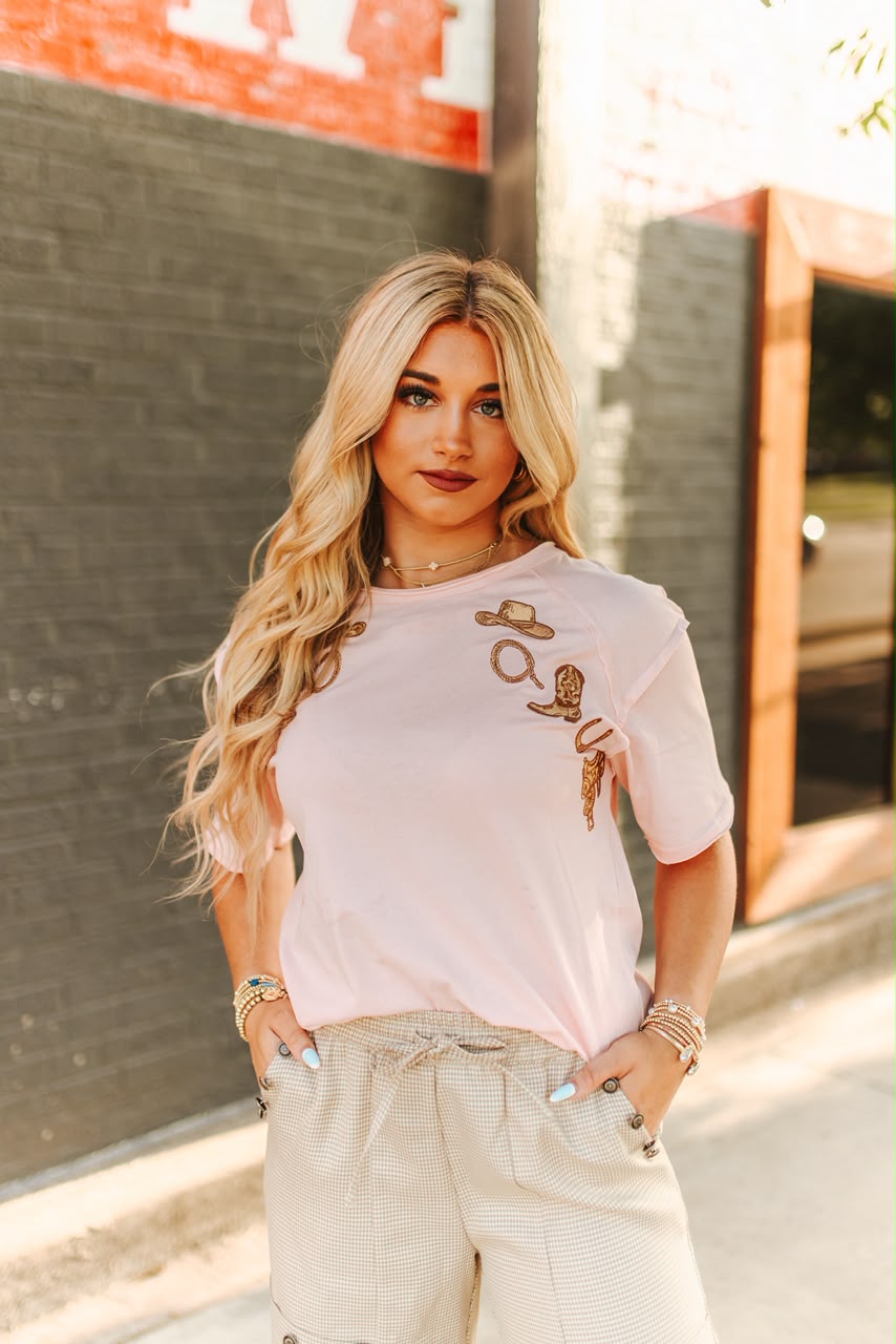 PINK WESTERN - CAMEL EMBROIDERED SHORT SLEEVE UNFINISHED HEM DETAIL SHIRT