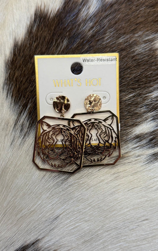 Gold Open Cut Out Tiger with Circle Post 2" Earring