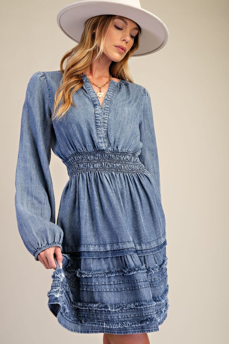 SMOCKED WASHED CHAMBRAY DRESS