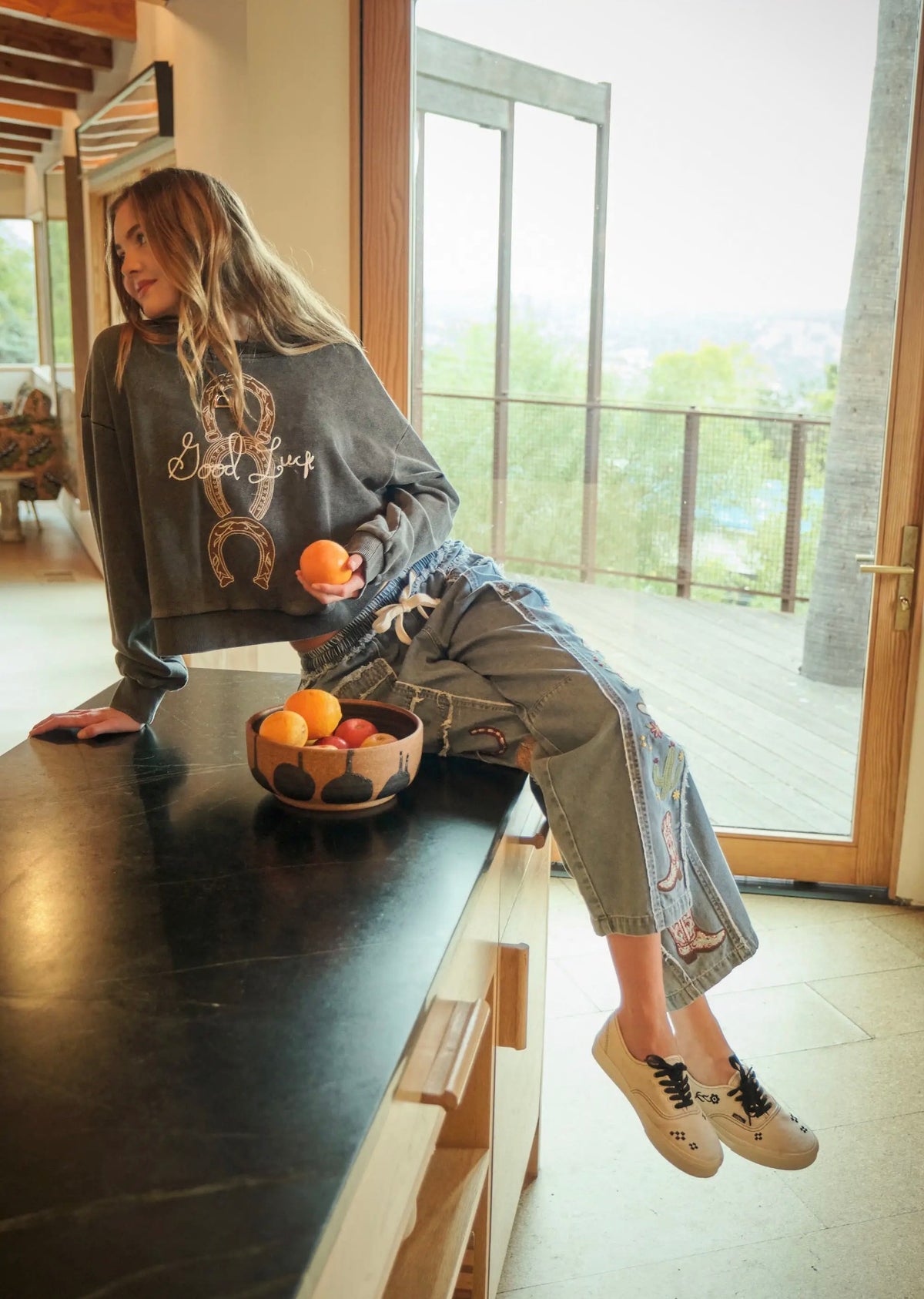 Western Embroidered Tie Waist Pants