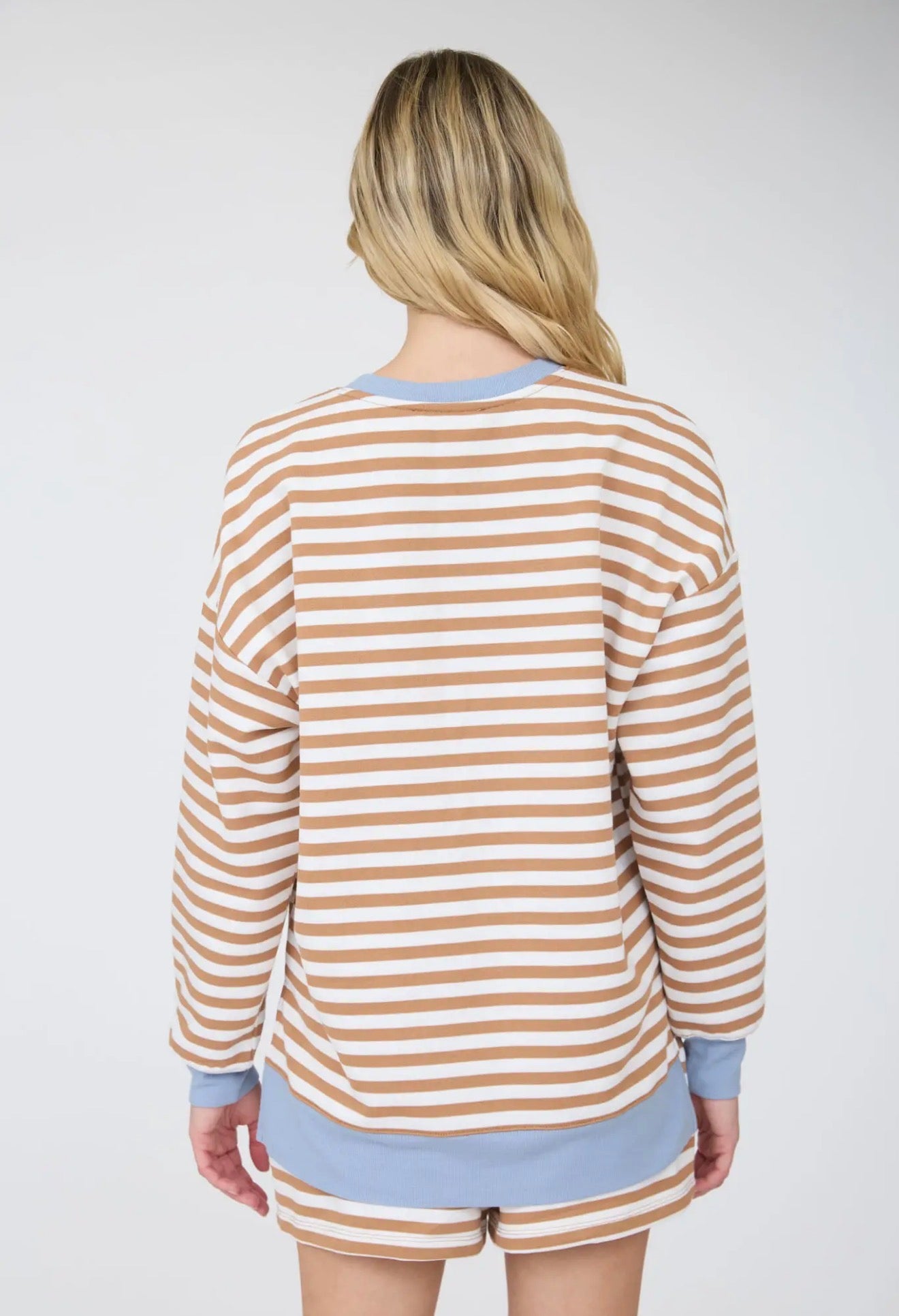 Striped Boxy Long Sleeve Contrast Knit Top and/or Ribbed Waist Knit Shorts
