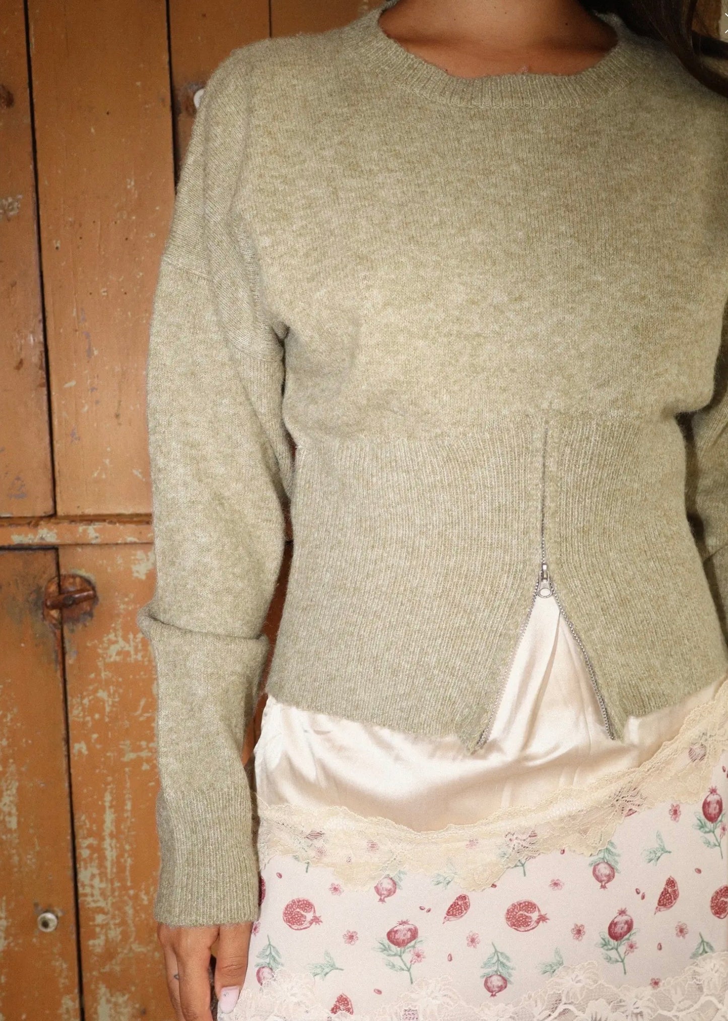 Front Zip Crew Neck Sweater