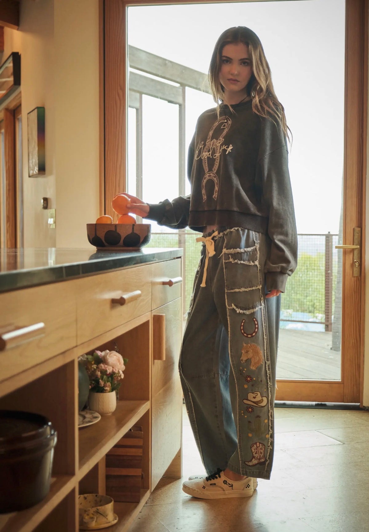 Western Embroidered Tie Waist Pants
