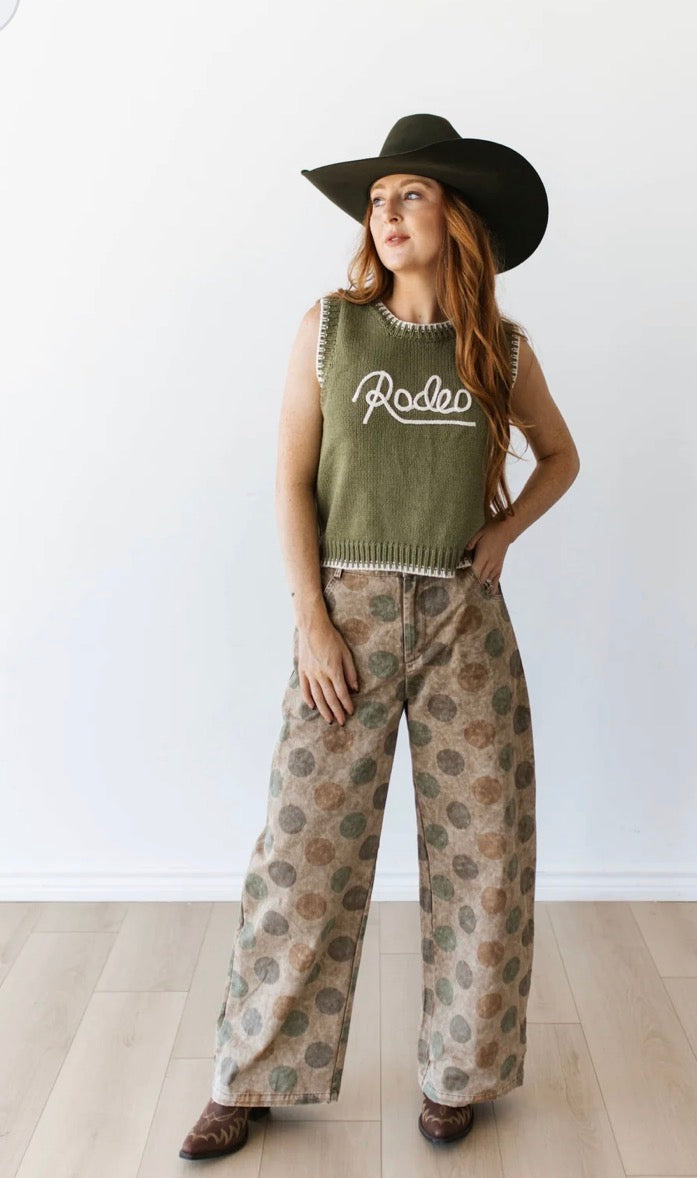 VINTAGE OLIVE POLKA DOT WIDE LEGGED BARREL PANT