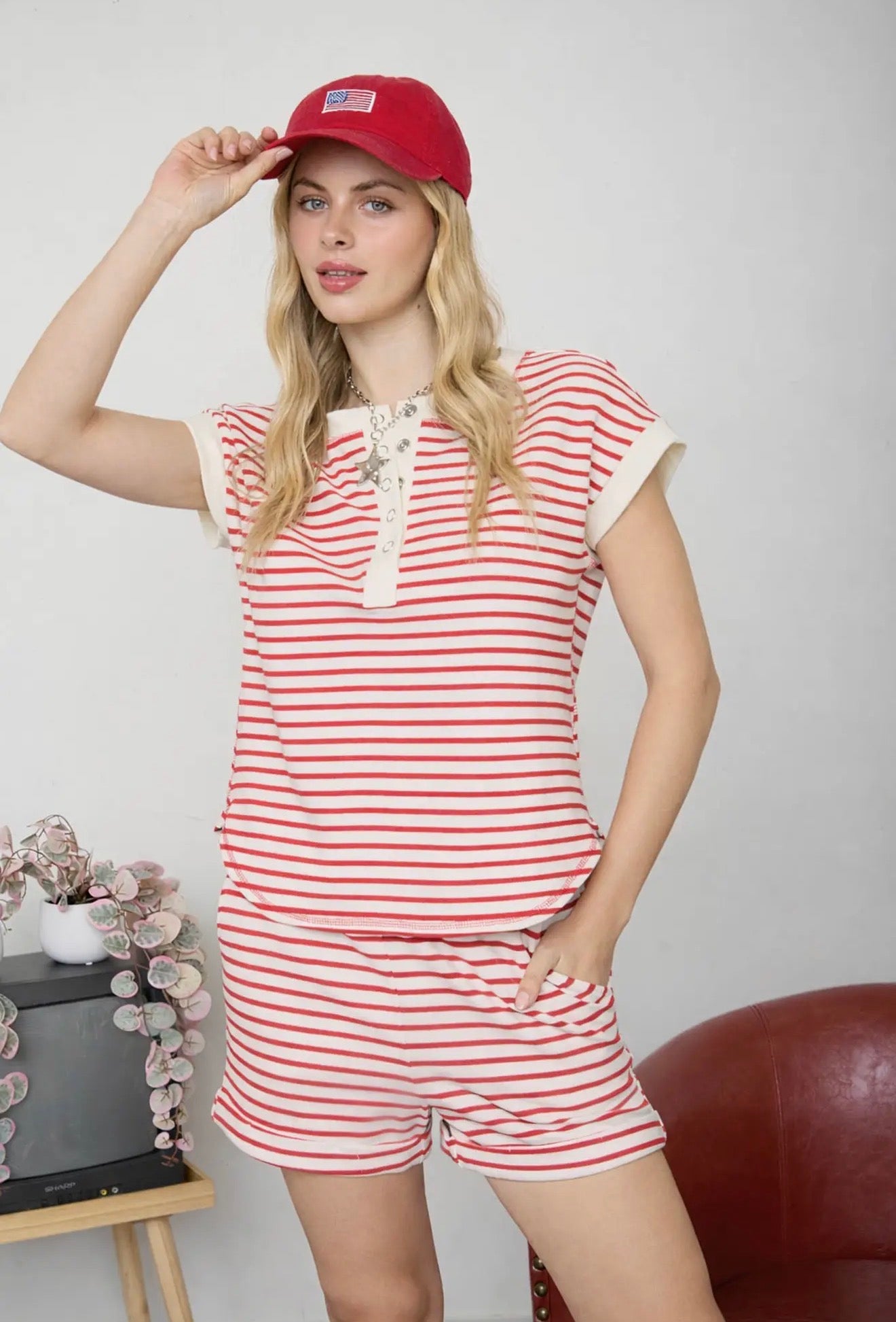Striped Henley Knit Short Set