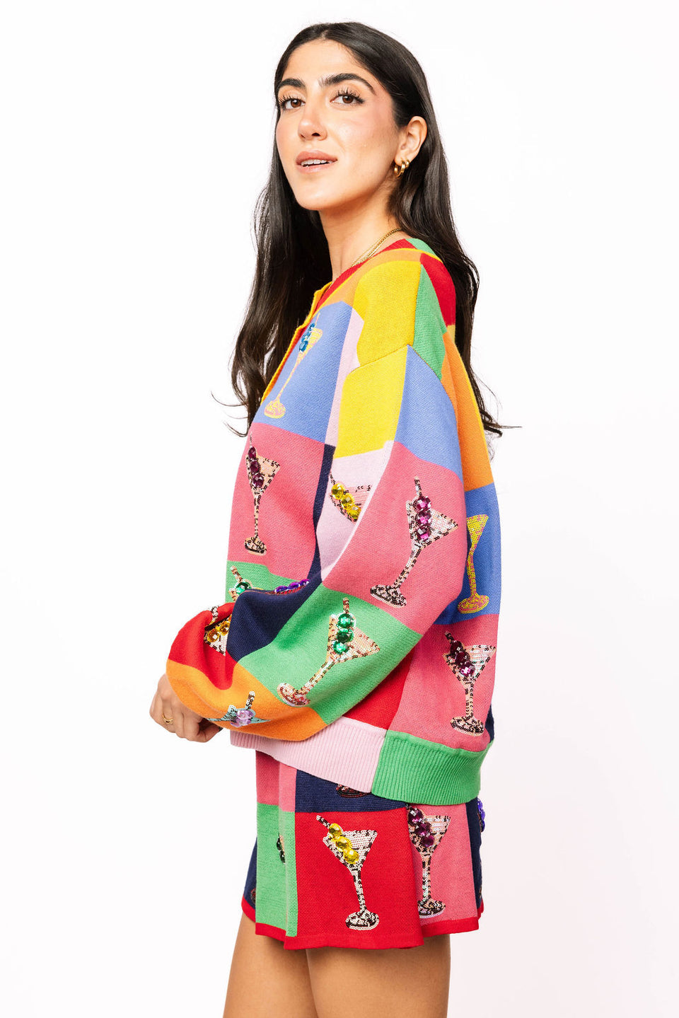 Queen Of Sparkles Multi Checkered Cosmo Button Up Sweater