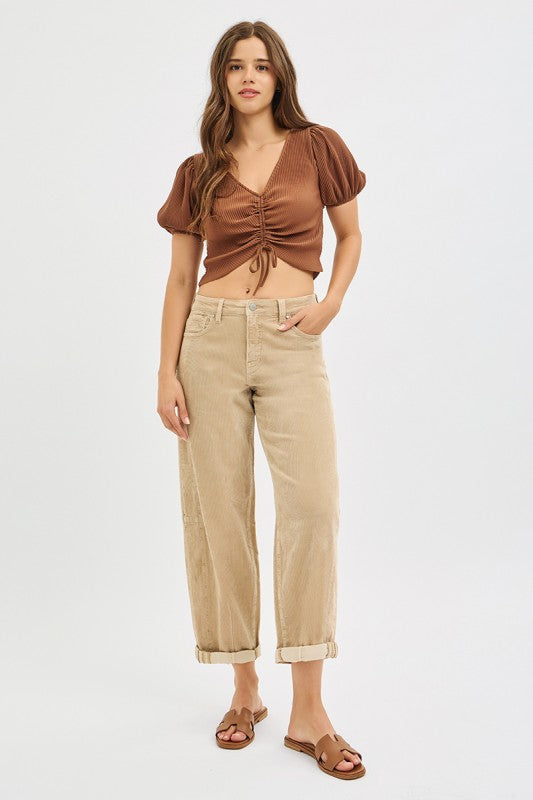 RISEN HIGH RISE CROP BARREL CORDUROY PANTS