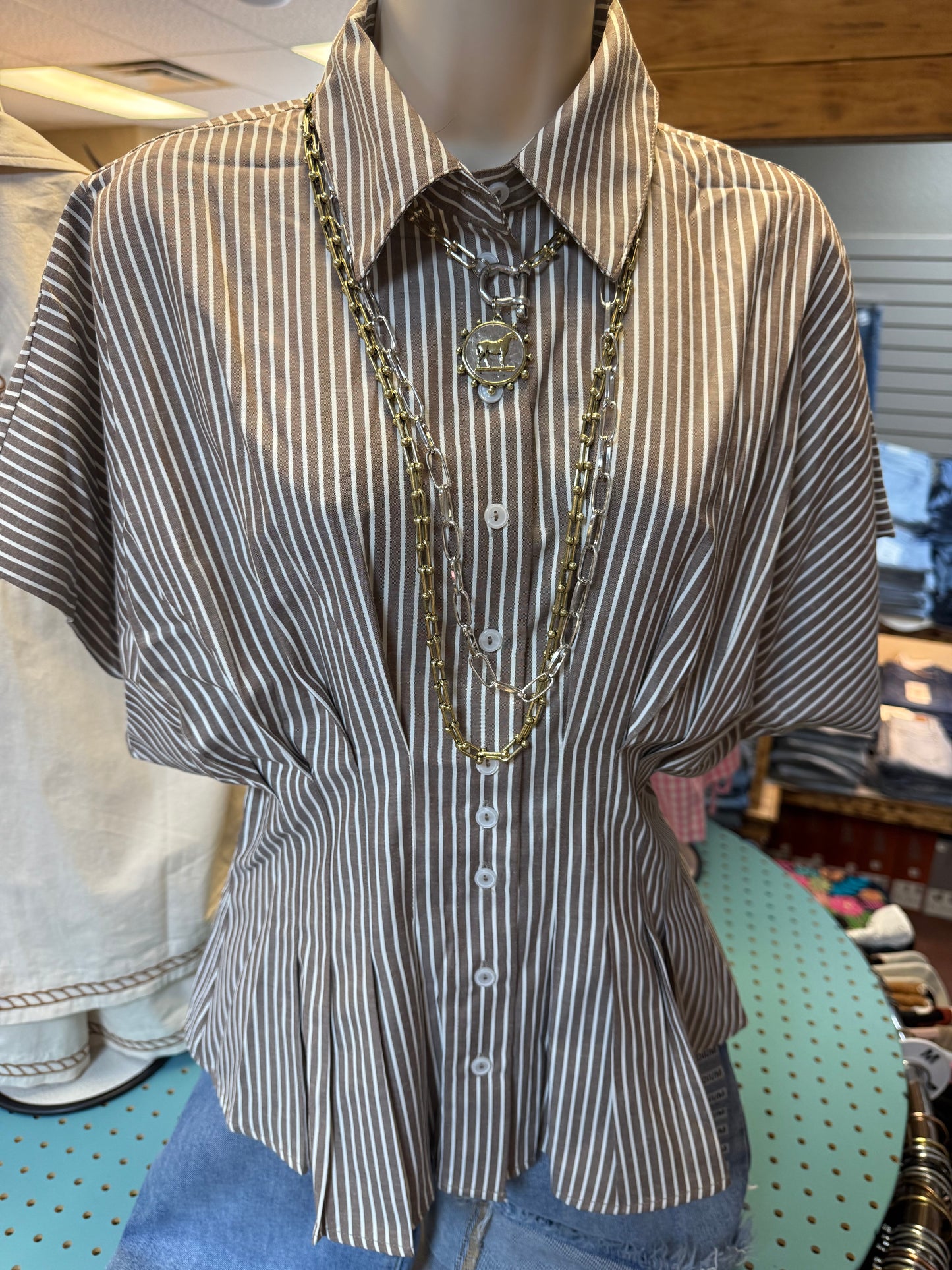 Striped Button Down Pleated Top