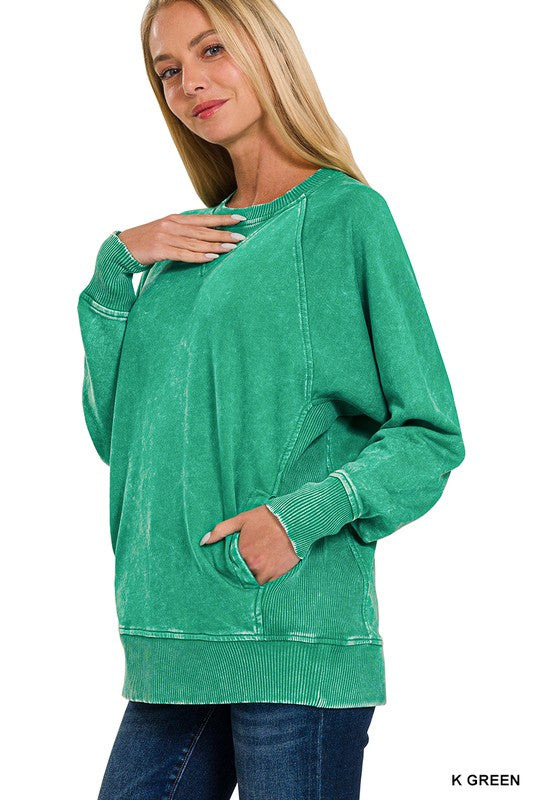 Acid Washed French Terry Pullover With Pockets
