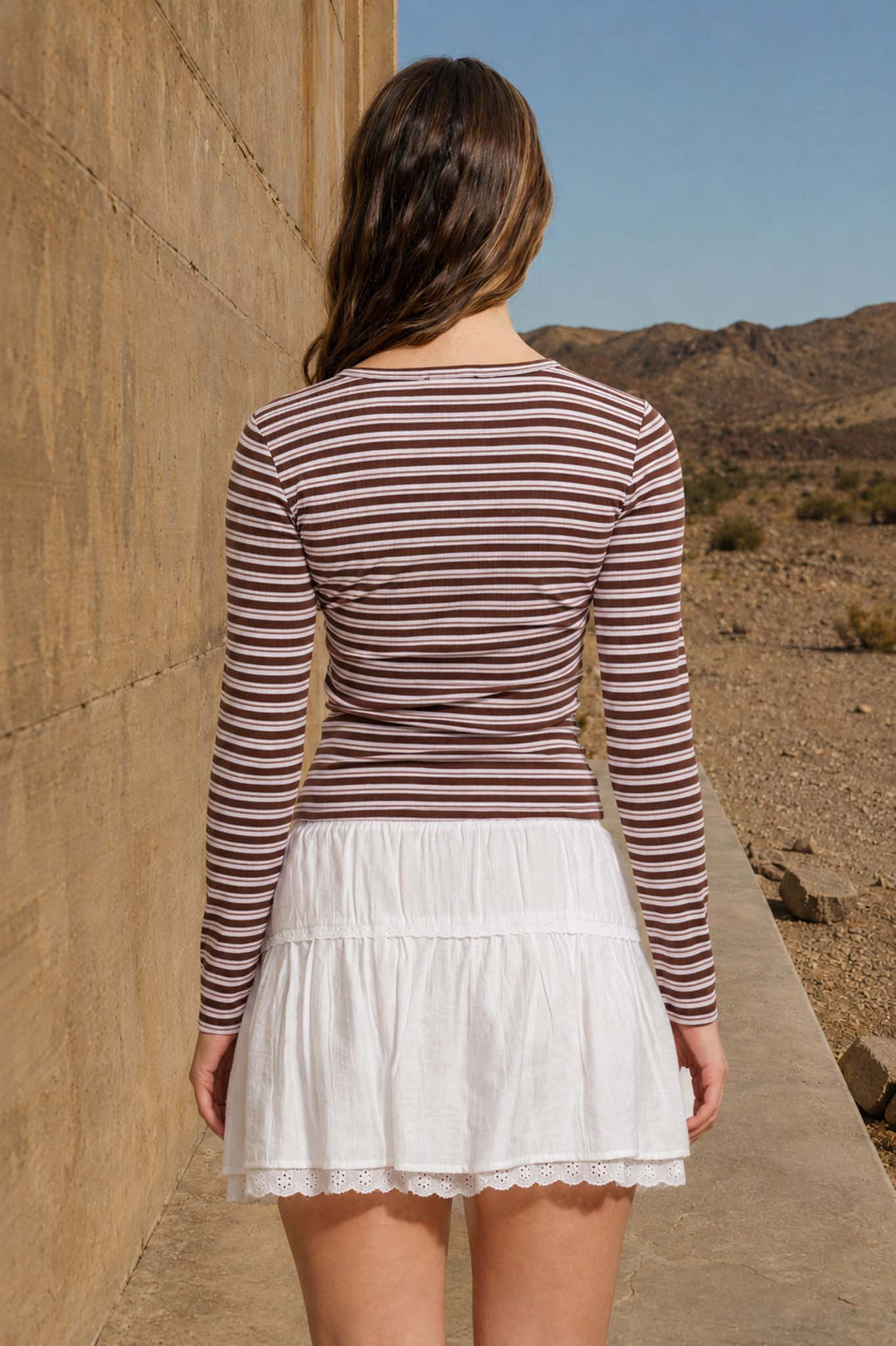 BUTTON DOWN CREW NECK STRIPED LONG SLEEVE KNIT TOP
