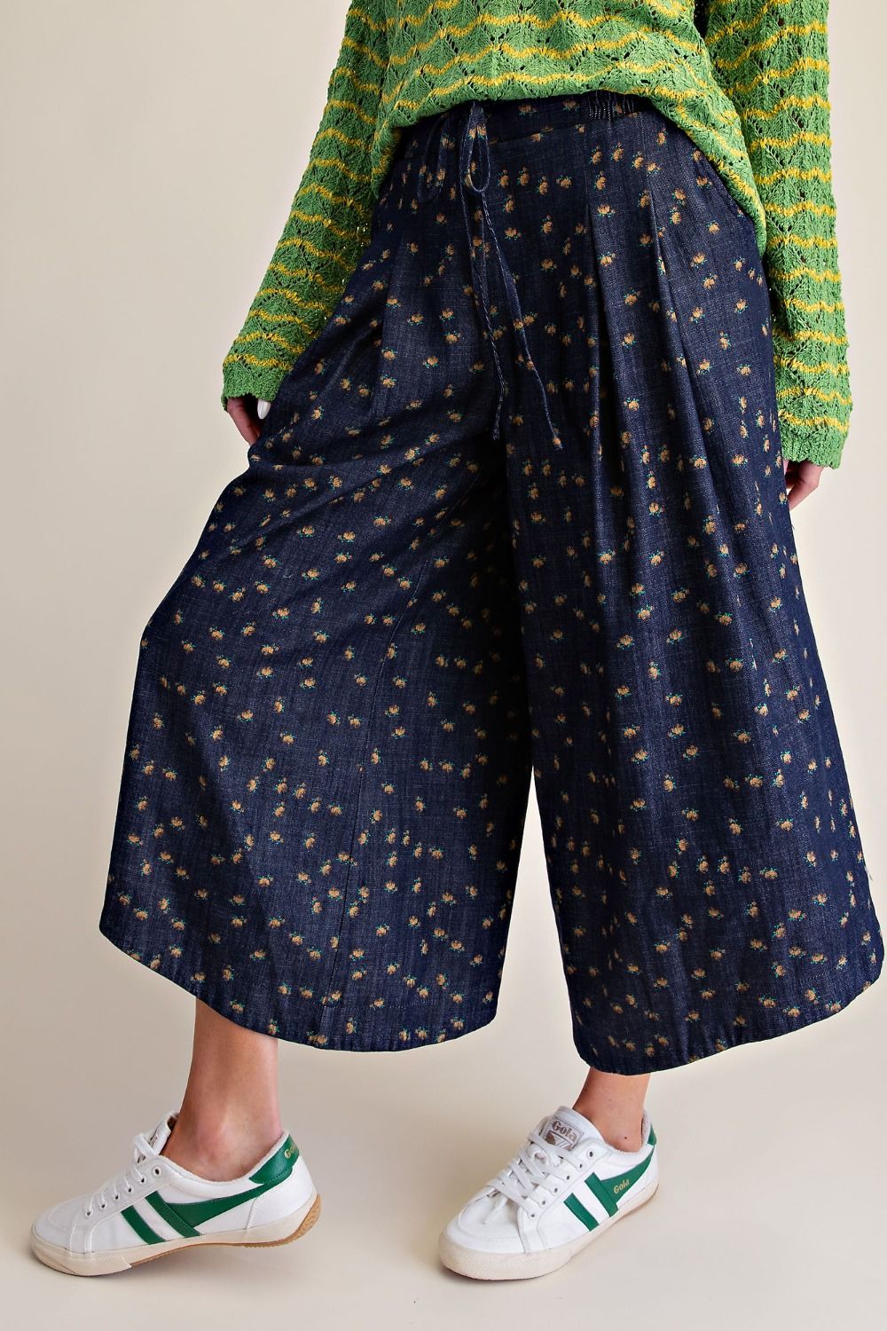 FLORAL PRINT WASHED WIDE LEG PANTS
