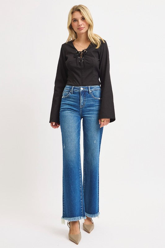 Risen Tummy Control Mid Rise Ankle Straight Fray Hem