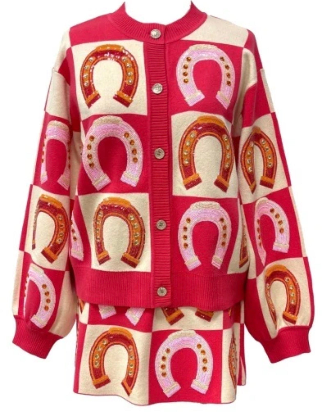QUEEN OF SPARKLES HOT PINK CHECKERED HORSE SHOE BUTTON UP SWEATER