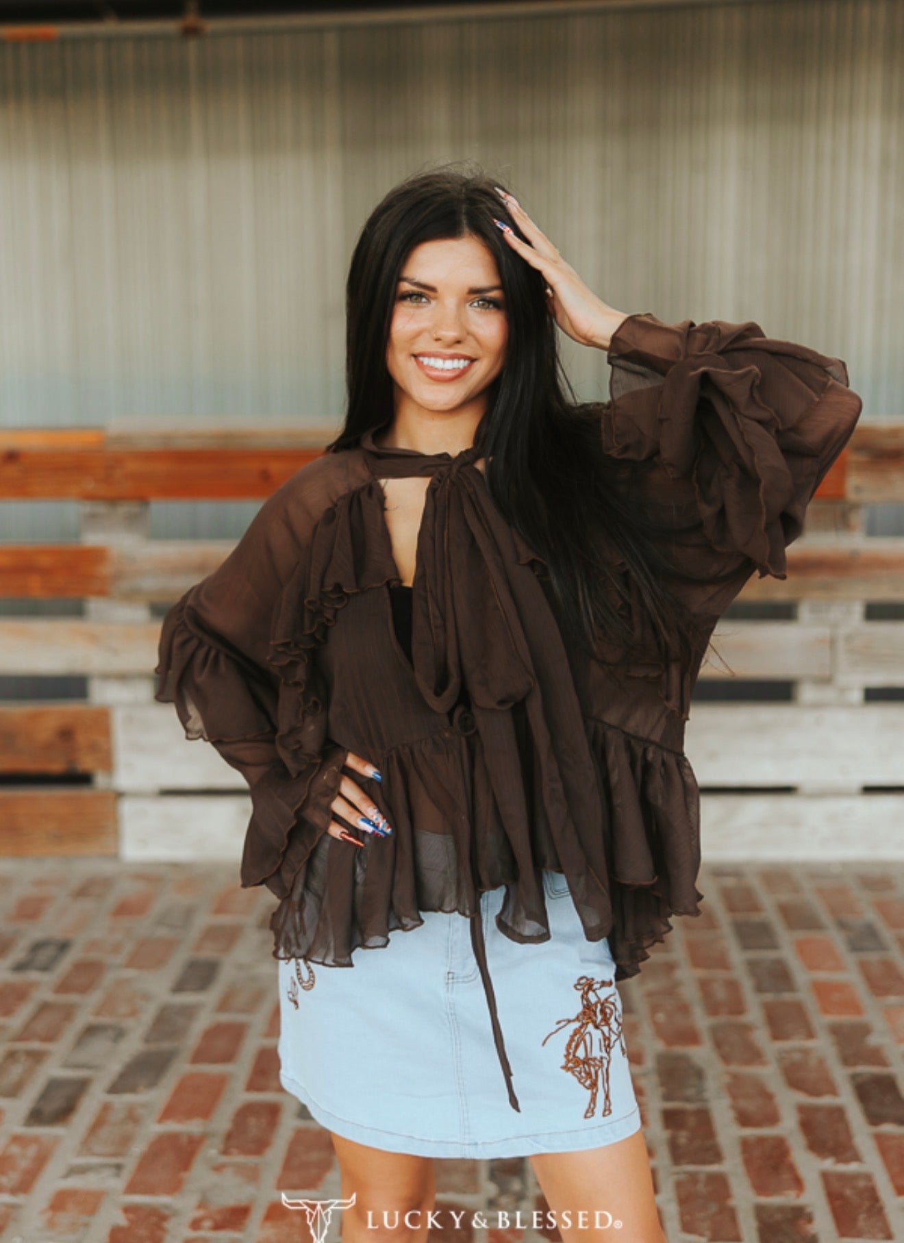 SHEER RUFFLE TIE NECK WESTERN BLOUSE