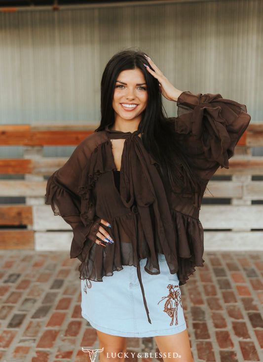 SHEER RUFFLE TIE NECK WESTERN BLOUSE