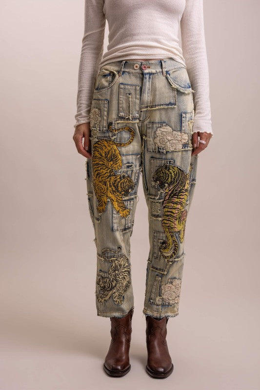 PATCHWORK TIGER DENIM PANTS