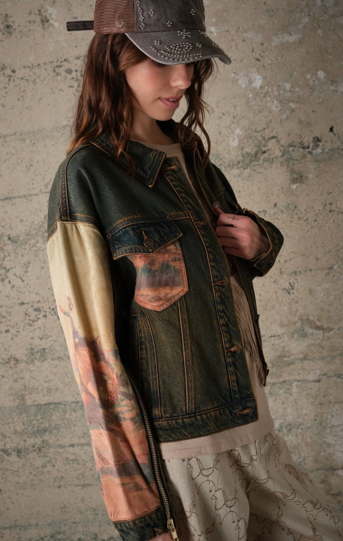 Western Print Mix Denim Jacket