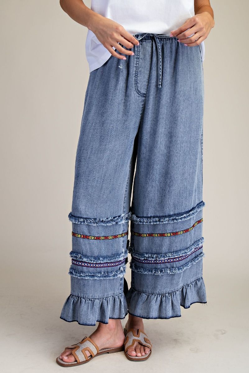 RUFFLE BOTTOM STONE WASHED CHAMBRAY PANTS