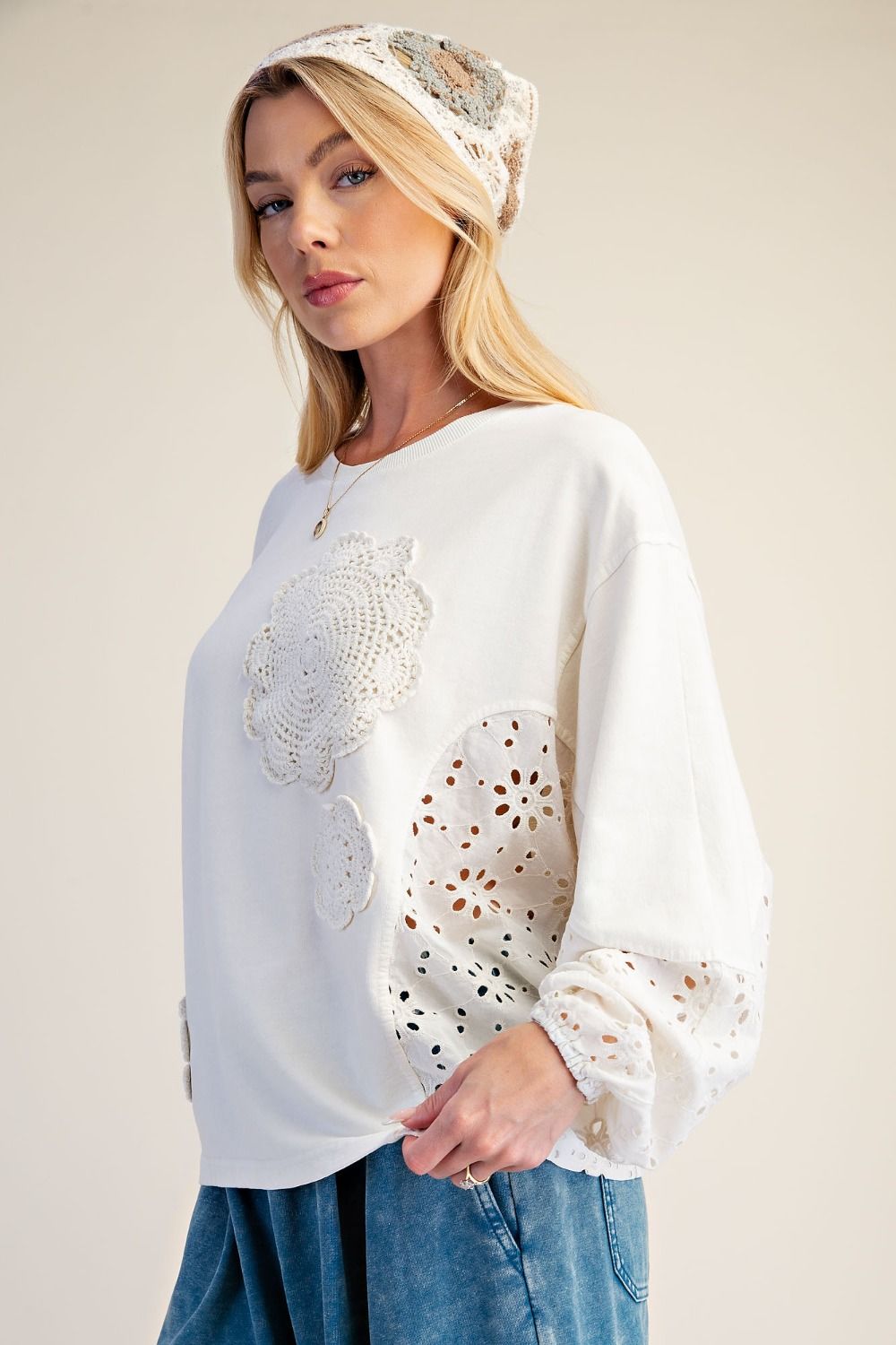 CROCHET PATCH DETAILING WASHED TERRY TOP