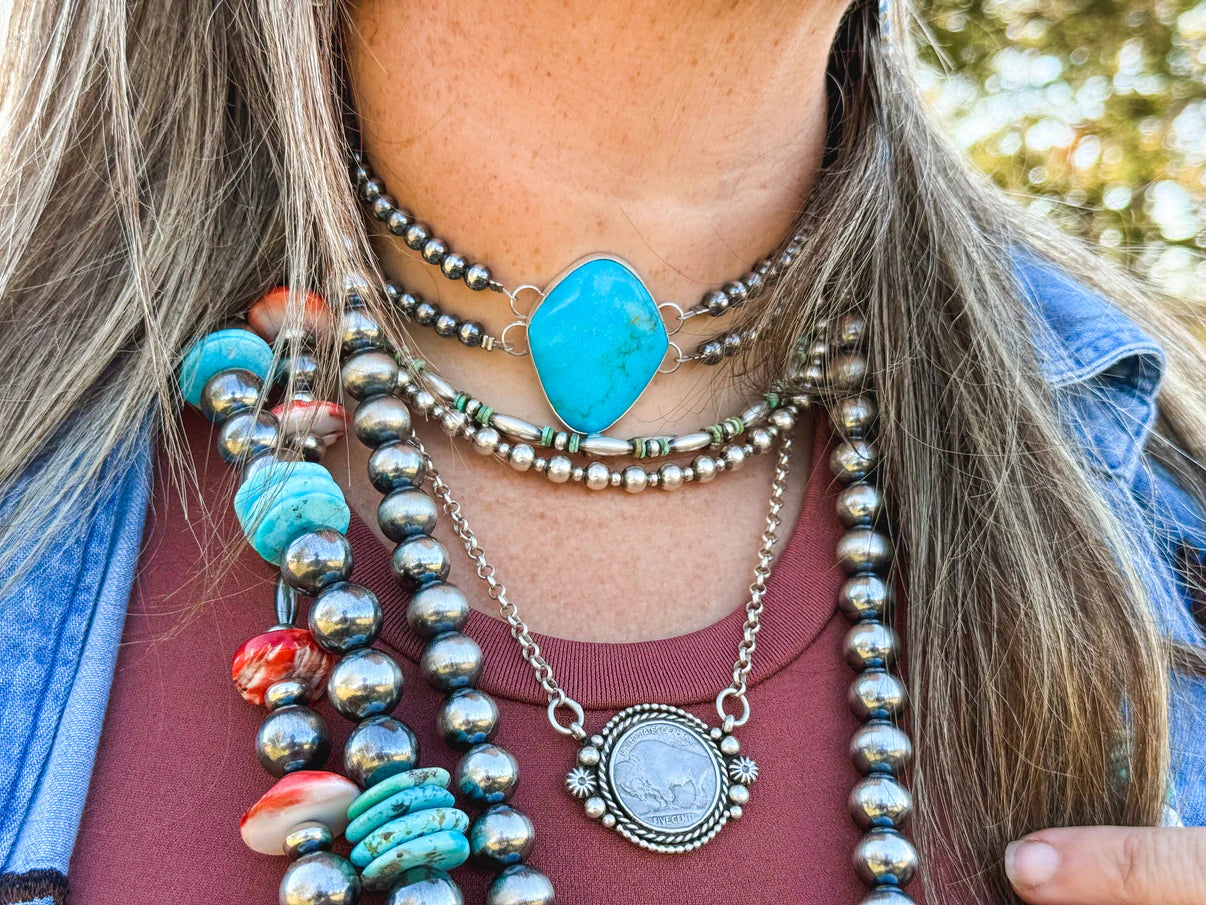 Double Strand Sterling Silver & Turquoise Choker - 13" + Extender - 6 mm Pearls