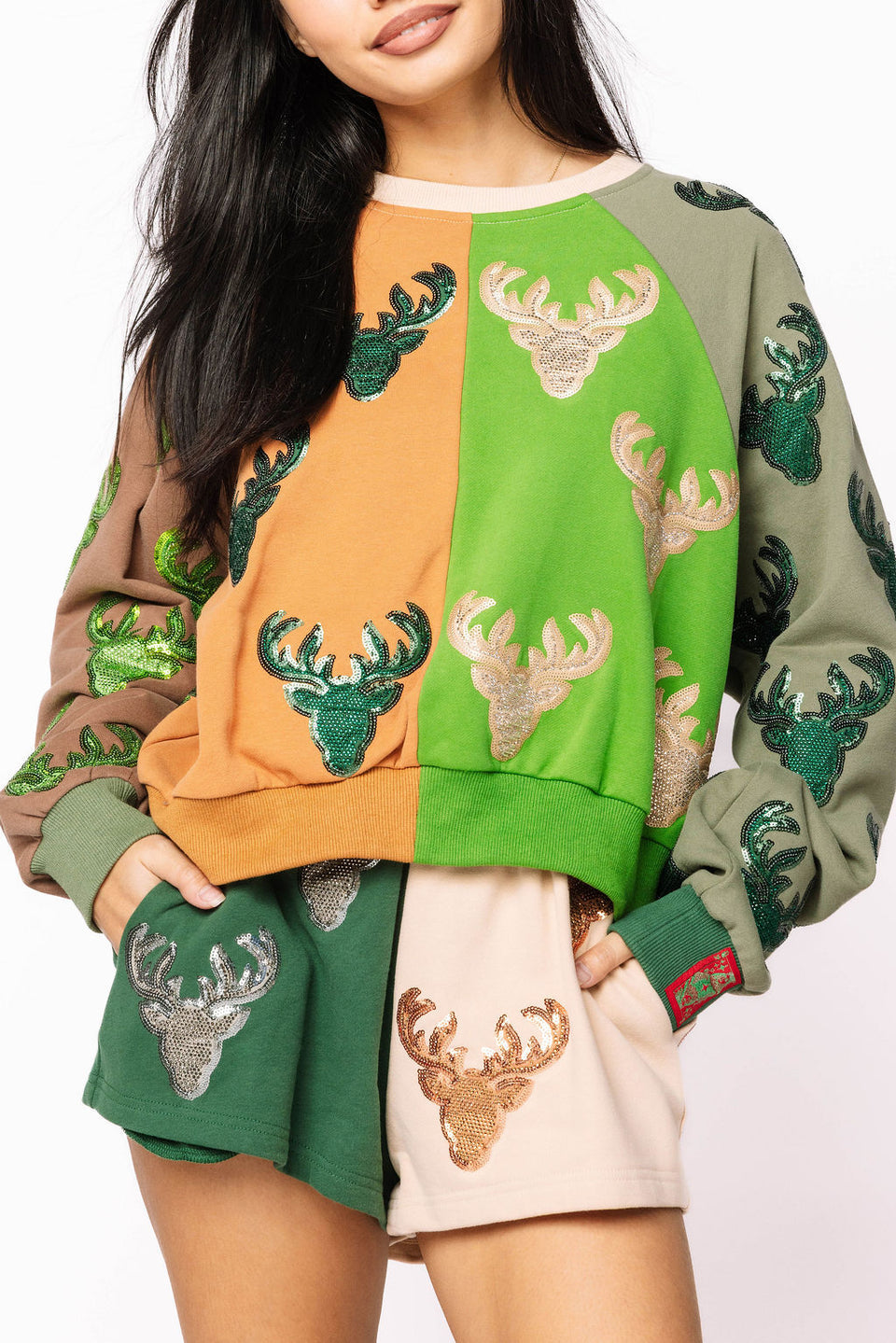 Queen Of Sparkles Colorblock Deer Print Sweatshirt