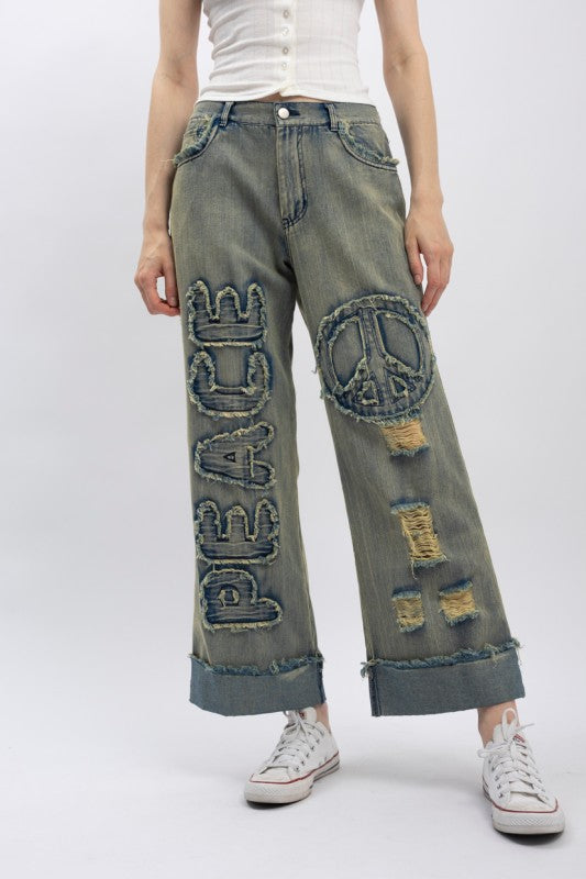 Peace Patch Distressed Denim Pants