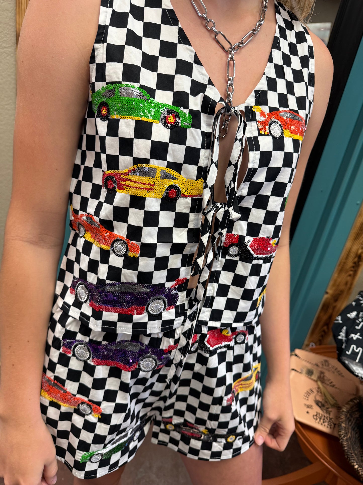 Queen Of Sparkles Checkered Cotton Race Car Top OR Shorts