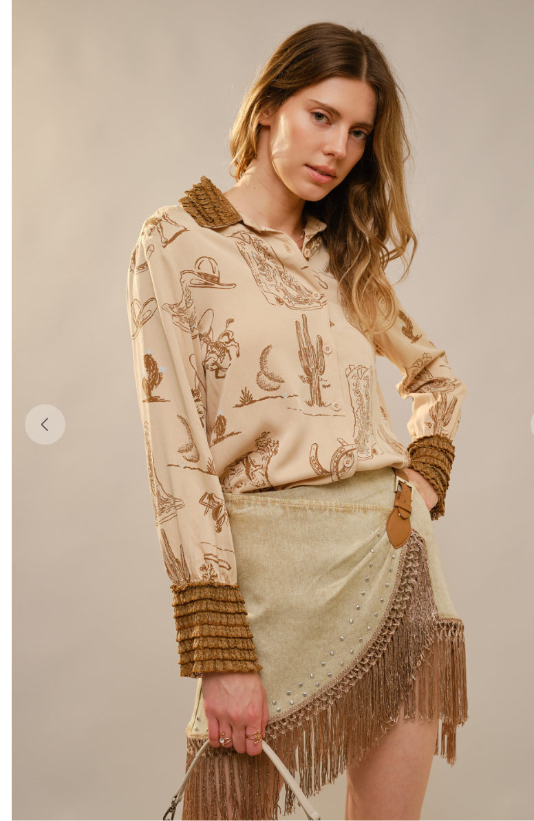 Western Printed Ruffle Cuff Shirt