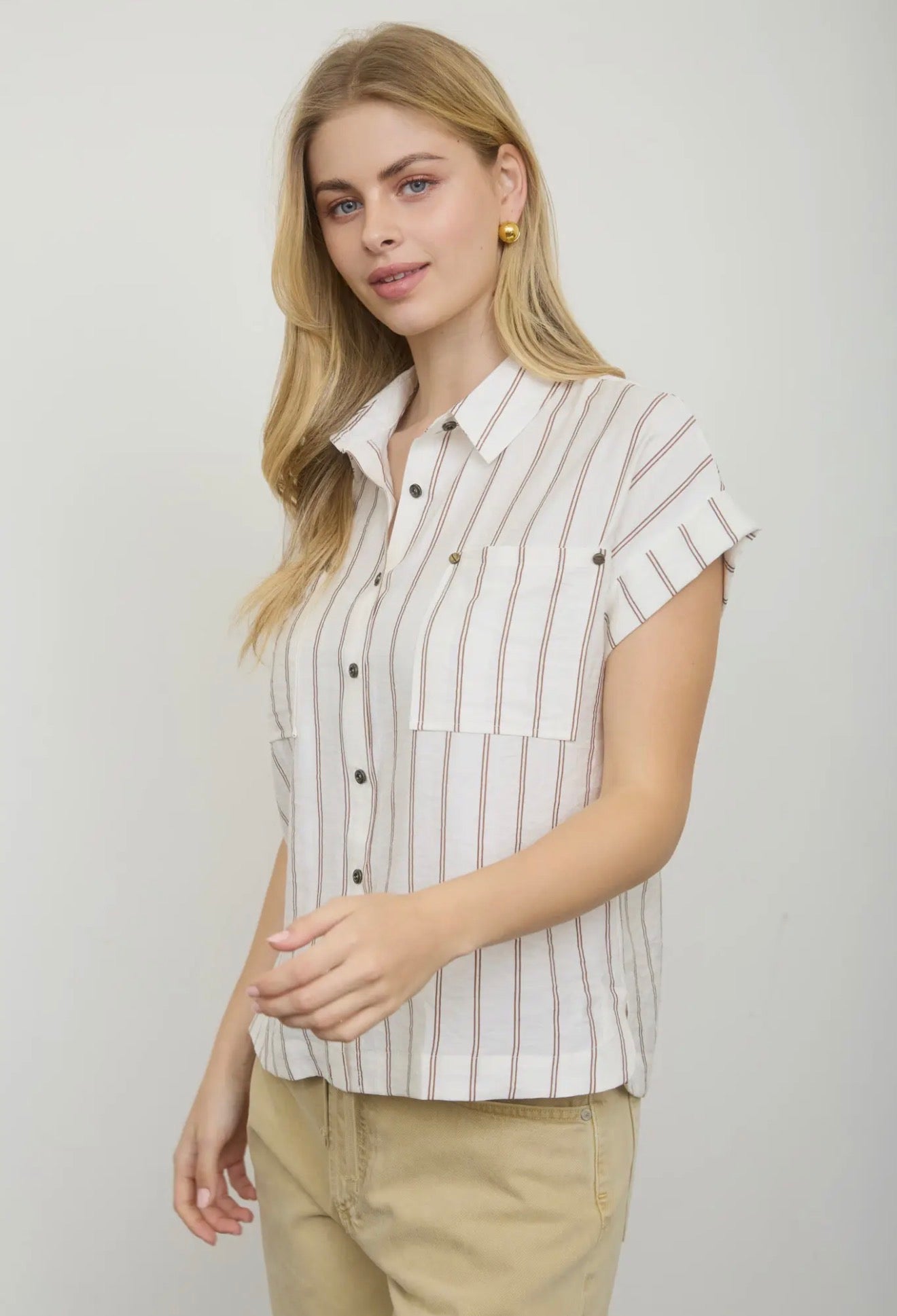 Stripe Collared Snap Button Down Short Sleeve Top
