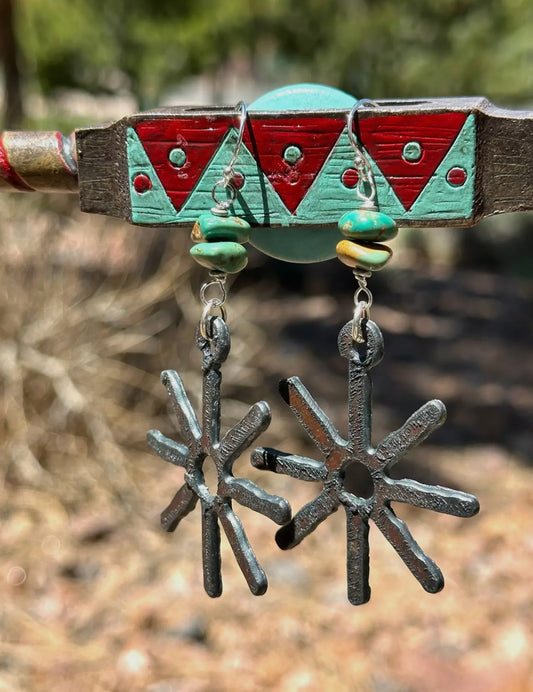 Rustic Metal Spur and Turquoise Earrings
