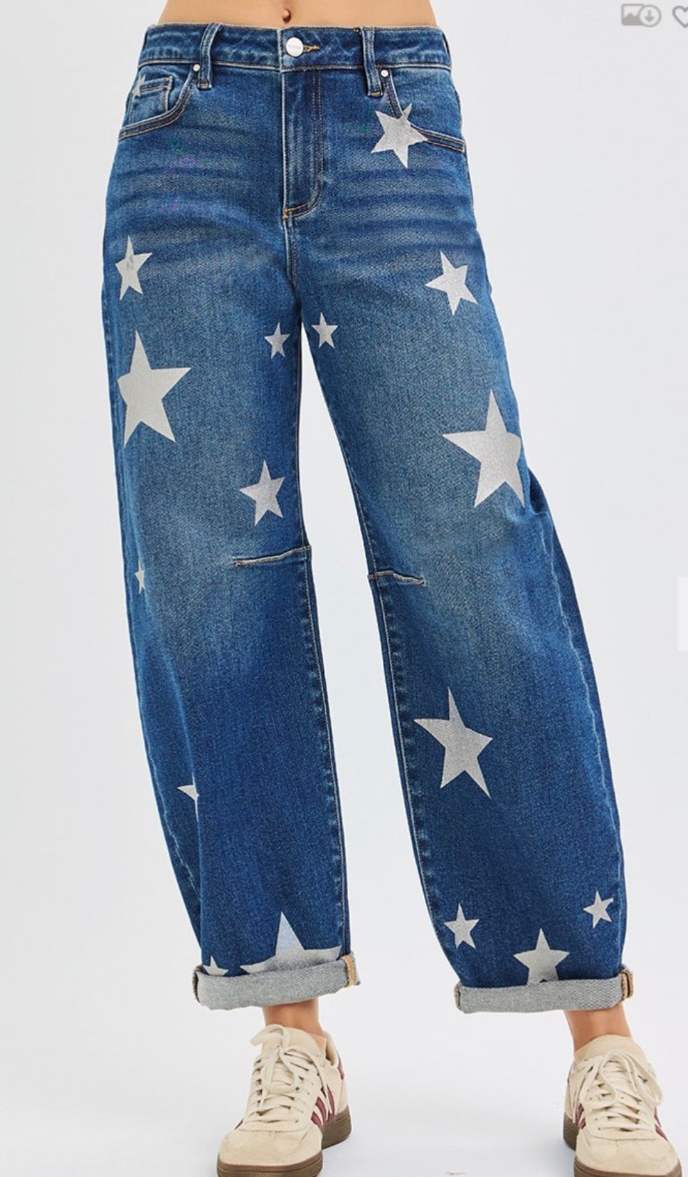 Risen Barrel Leg Star Printed Jeans-Stretchy