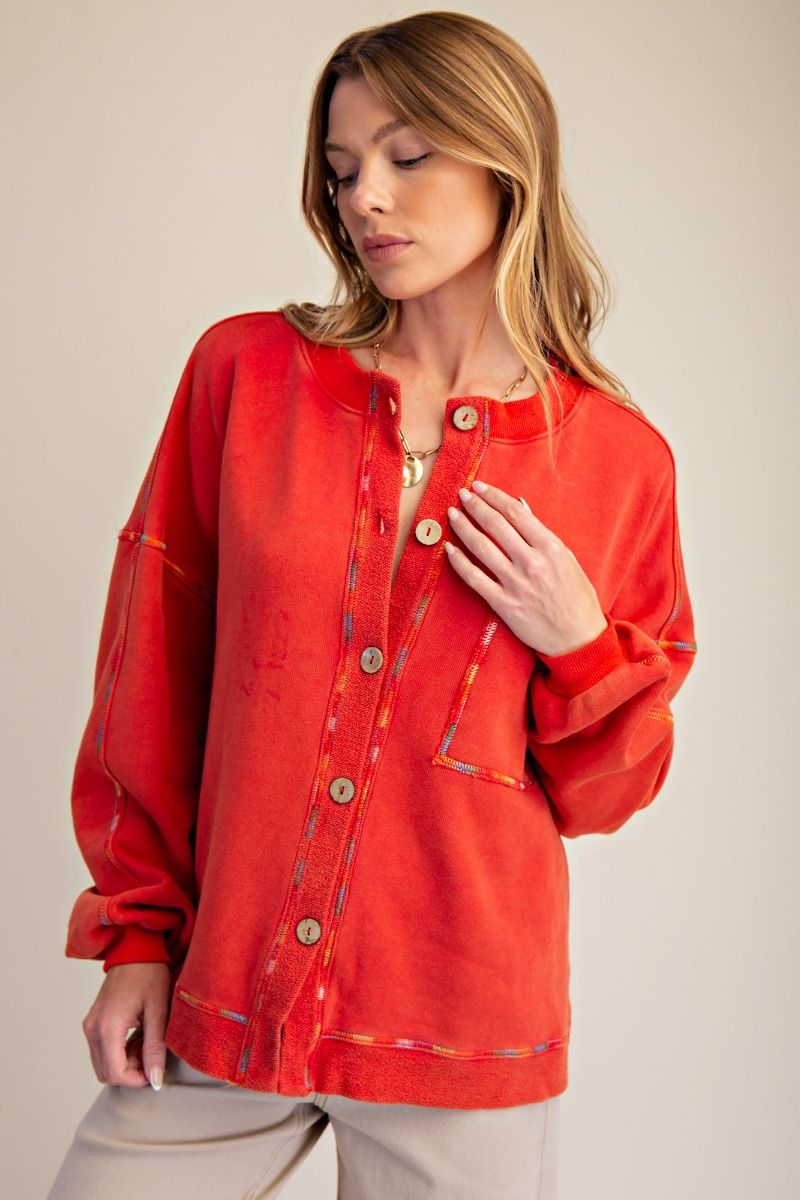 WASHED BUTTON DOWN TERRY CARDIGAN
