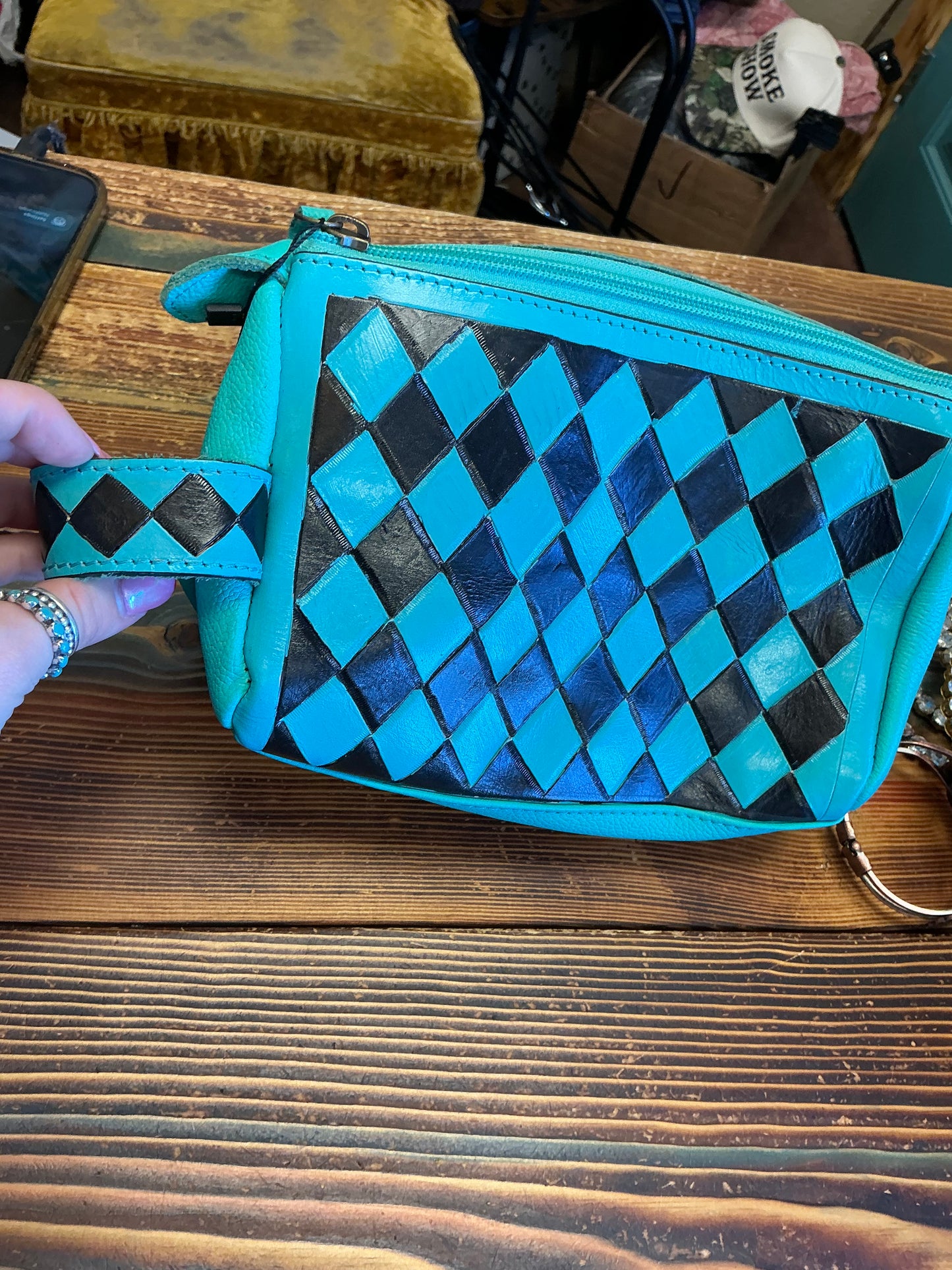 Checkered Leather Makeup Bag